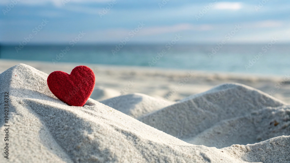 Fototapeta premium Red textured heart rests on a crest of white sand with a vibrant blue sea and sky backdrop.