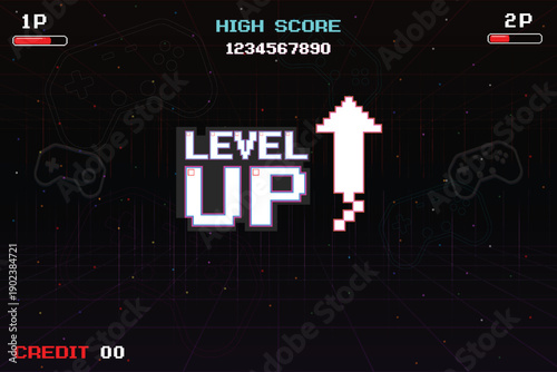 LEVEL UP icon. pixel art 8-bit. Retro game futurism Sci-Fi background. glowing neon grid and stars from vintage arcade computer games