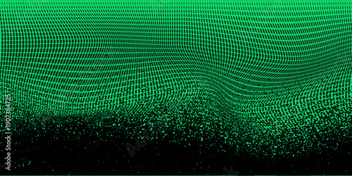 Abstract digital artwork featuring a dense halftone grid pattern fading into scattered pixel noise, vibrant neon green dots on a deep black background.