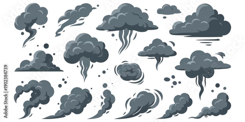 Collection of diverse dark grey smoke and cloud shapes for pollution or explosion effects in a vector illustration style