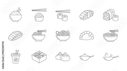 Asian Cuisine Illustrated Icons: A detailed array of hand-drawn icons featuring diverse asian food items, offering a delightful visual journey through the flavors and culinary artistry of the East.