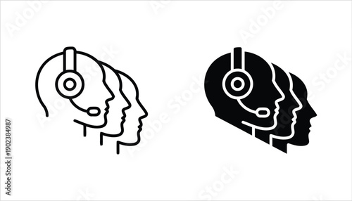 Collection of support team icons showing multiple people with headsets and individual operators working