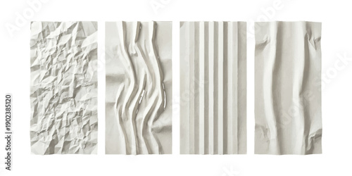 Four distinct white textured abstract backgrounds showcasing crumpled paper, wavy fabric, ribbed surface, and smooth folds for design and graphic use