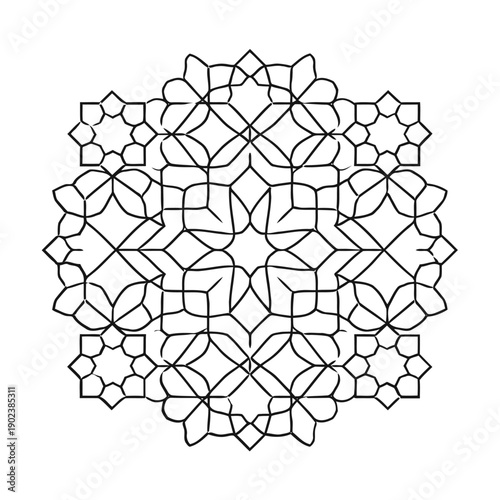 Intricate floral pattern illustration featuring geometric shapes in a symmetrical design, viewed from directly above, showcasing elegance and complexity
