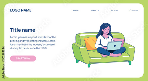 Web landing page template with woman working on laptop on sofa. Remote work concept flat vector