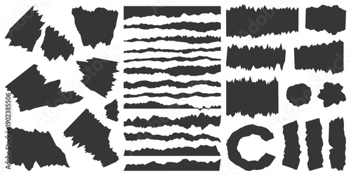 Collection of distressed, torn paper edge and grunge brush stroke graphic elements and textures for creative design.