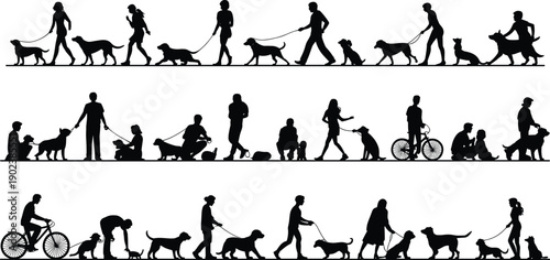 Silhouettes of people walking and interacting with dogs in various activities on a white background