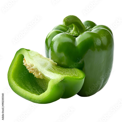Fresh green bell pepper whole and sliced on white background