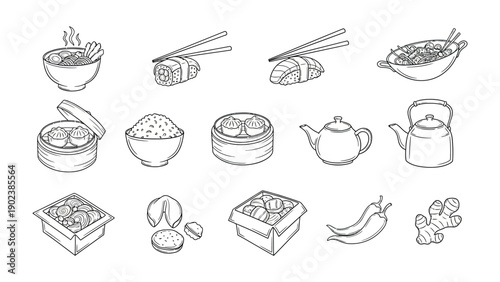 Asian Cuisine Illustration: A captivating monochrome illustration showcases an array of delicious asian cuisine including various dishes.