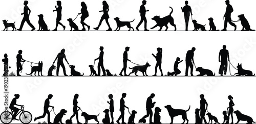 Silhouettes of people walking and riding bicycles with dogs on leashes in a row