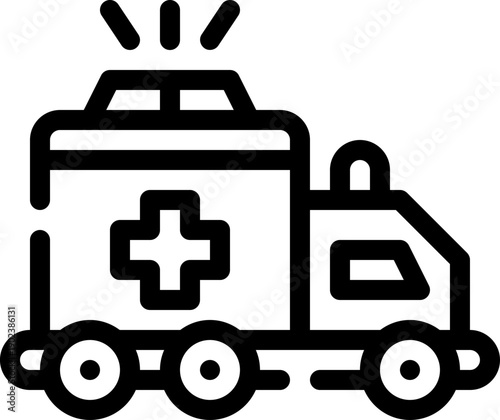 Outlined emergency ambulance transport icon depicting fast medical response vehicle with siren, urgent paramedic rescue service and lifesaving hospital emergency support

