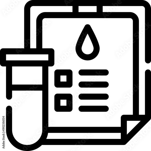 Outlined laboratory blood test report icon showing sample tube and checklist, symbolizing diagnostic analysis, clinical pathology results and medical lab documentation

