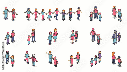 Happy multi-generational family, including grandparents, parents, and children, enjoying winter ice skating together in warm clothes. Vector illustration.