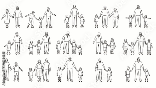 Happy multi-generational family, including grandparents, parents, and children, enjoying winter ice skating together in warm clothes. Vector illustration.