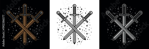 Set of three simple medieval crossed swords. Vector illustration.