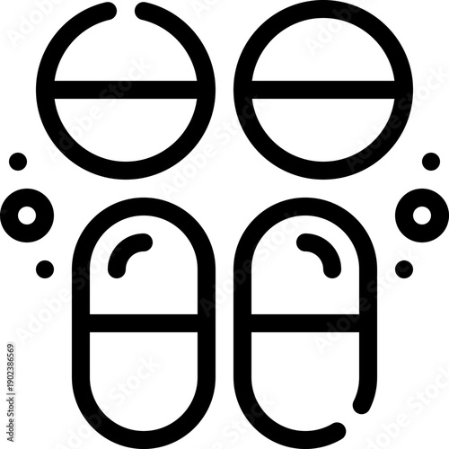 Outlined pills and capsules icon illustrating assorted medicine dose collection, pharmaceutical tablets, oral drug therapy and organized medication management care

