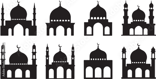 Collection of eight black silhouette icons depicting various mosque architectural designs on white