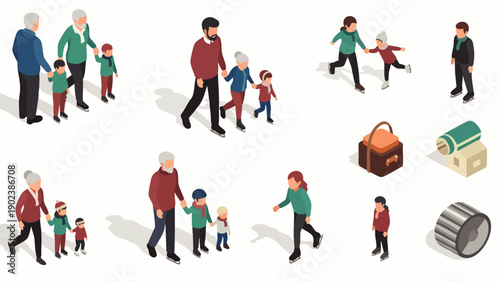 Isometric vector illustration set of diverse families, couples, and individuals walking, depicting modern lifestyle, social interactions, and everyday objects.