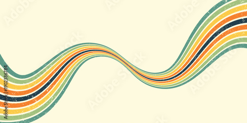 Abstract colorful 70s background vector. Vintage retro wallpaper with rainbow stripes and wavy lines. A 1970 color illustration suitable for posters, banners, decorative items and wall art.
