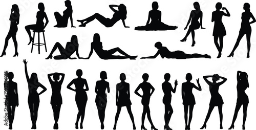 Silhouettes of women in various poses and activities against a white background standing sitting