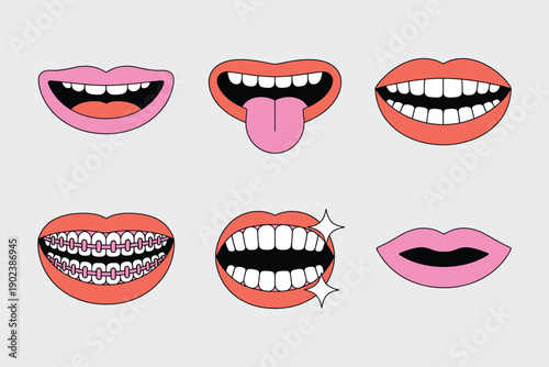 Cute mouth sticker pack, smiling lips, braces grin, tongue out pose, orthodontic before after concept, cheerful dental cartoon, bright vector clipart