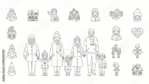 Happy multi-generational family celebrating winter holidays together, wearing warm clothes. Outline vector illustration of Christmas traditions and festive icons.