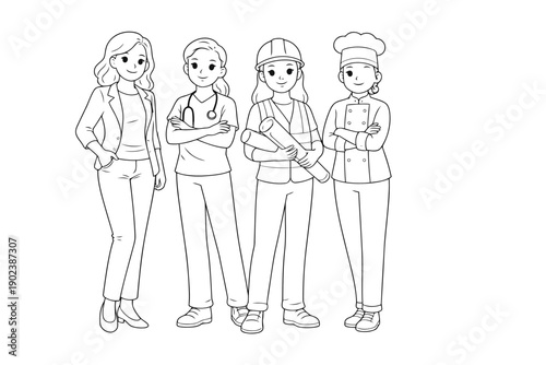 Four diverse women in different professions standing confidently together in a line drawing illustration