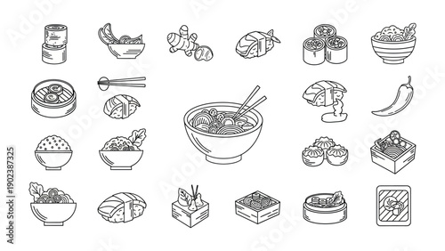 Asian Cuisine Delights: An enticing illustrated array of traditional dishes, capturing the essence of diverse culinary traditions, including sushi rolls, savory noodles, and various dim sum.