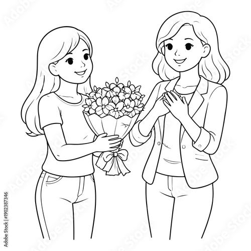 Young woman presenting bouquet to mature woman with gesture of appreciation, a heartwarming scene of gratitude