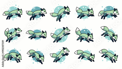 Adorable cartoon fox animation sprite sheet. Stylized animal character in various running, jumping, and walking poses for game design and motion graphics.