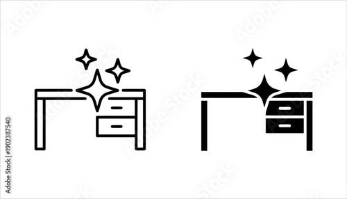 Desk with drawers and sparkle effect icons in outline and solid fill