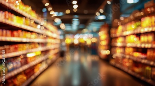 Blurred Grocery Aisle with Colorful Shelves and Soft Lighting