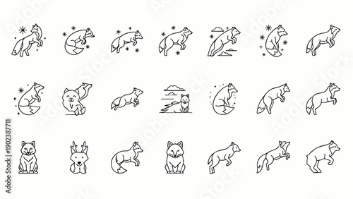Collection of minimalist fox line art icons, featuring various poses and styles of wild canines, perfect for graphic design, logos, and web elements.