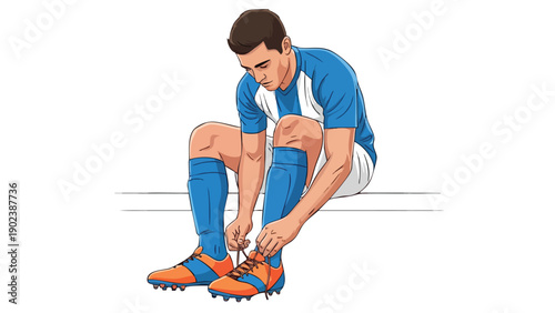 Illustration of a male soccer player tying his orange cleats while seated on a white background wearing a blue uniform.