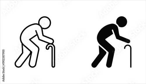 Elderly man bending with walking cane, icon representing senior citizen.