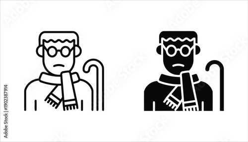 Elderly man with glasses and scarf, icon representing senior citizen.