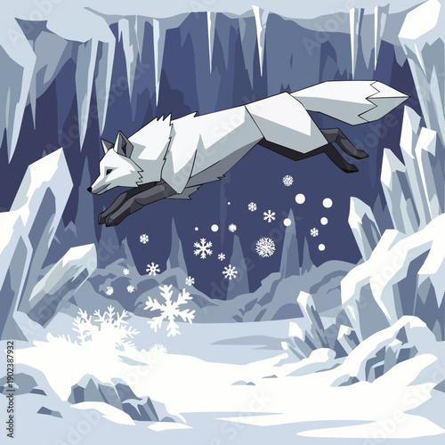 Geometric illustration of a white arctic fox leaping through a snowy ice cave with falling snowflakes, capturing the essence of winter wildlife and cold natural environments.