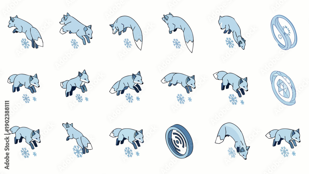 Fototapeta premium Cute cartoon arctic fox animation sprite sheet set, showing playful winter animal running, jumping, and exploring in snow, vector illustration.