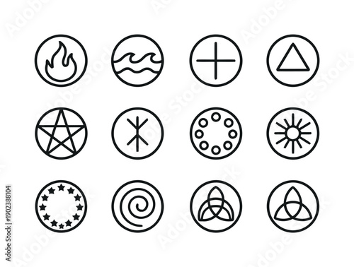 Esoteric symbols and elements representing fire, water, earth, air, and magic