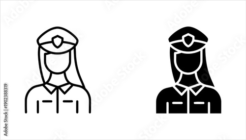 Female police officer icon outline and solid fill two variations isolated on white background flat vector illustration