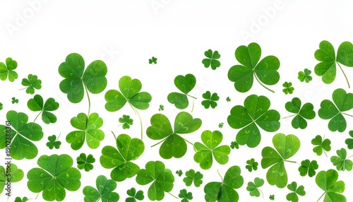 Vibrant green clover leaves scattered on white background for St. Patrick's Day