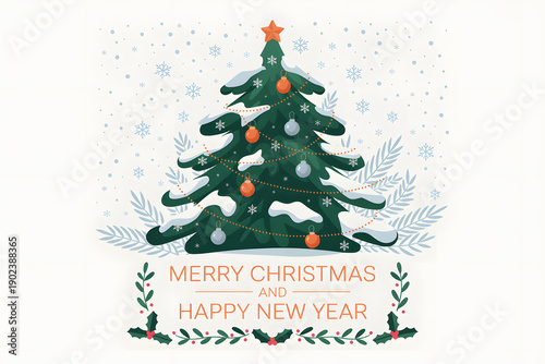 merry christmas and happy new year with a snow on a tree