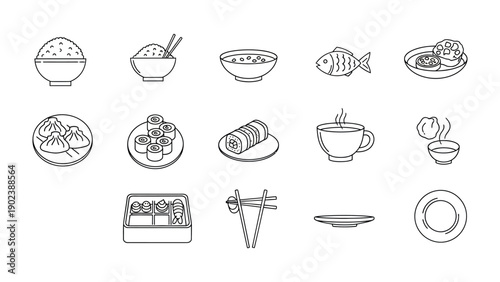 Culinary Canvas: A minimalist array of iconic food elements, meticulously crafted with simple lines, presenting an artistic homage to a range of delectable dishes.