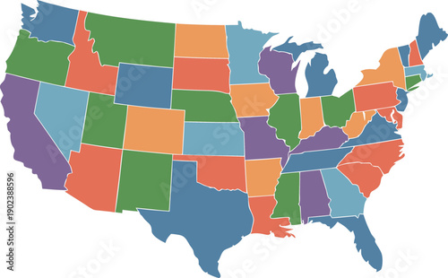 Us map with multicolored states for geographical presentation and educational purpose in flat vector style