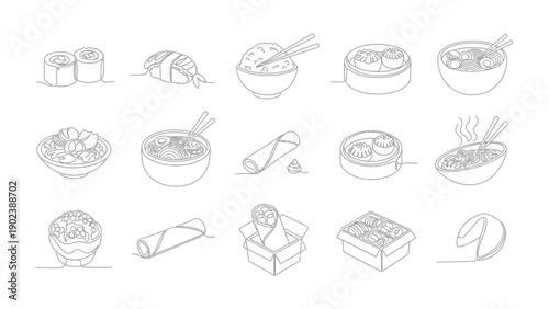 Culinary Delights of the East: A detailed graphic illustration showcases a variety of traditional Asian dishes, from sushi to spring rolls. 