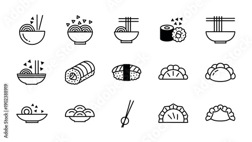 Culinary Icons: A collection of simple, yet elegant line drawings, showcasing a diverse array of asian cuisine. A visual feast for food lovers and culinary enthusiasts.