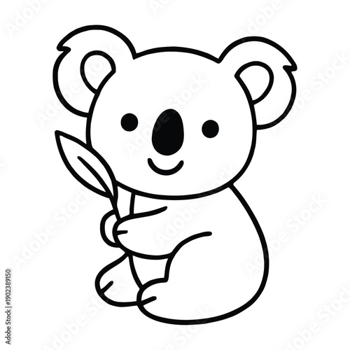 Adorable koala illustration holding a leaf in a simple line art style