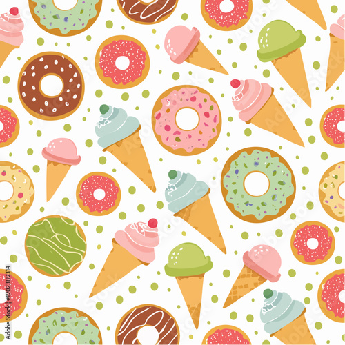 Colorful donuts and ice cream cones pattern