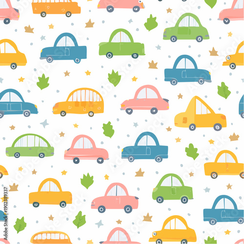 Colorful cartoon cars pattern with stars and leaves
