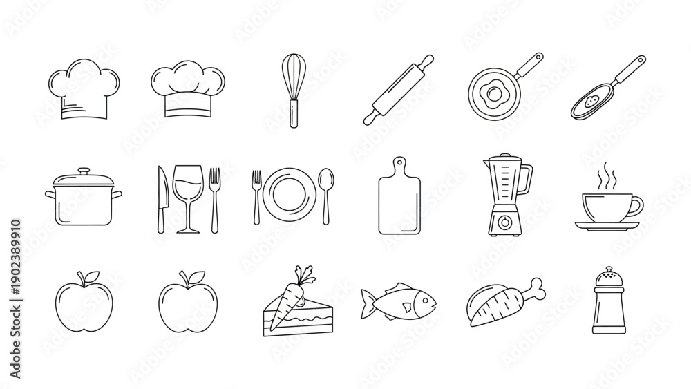 Fototapeta premium Culinary Essentials: An illustrated array of kitchen tools and food items, each perfectly poised for crafting delightful culinary experiences.